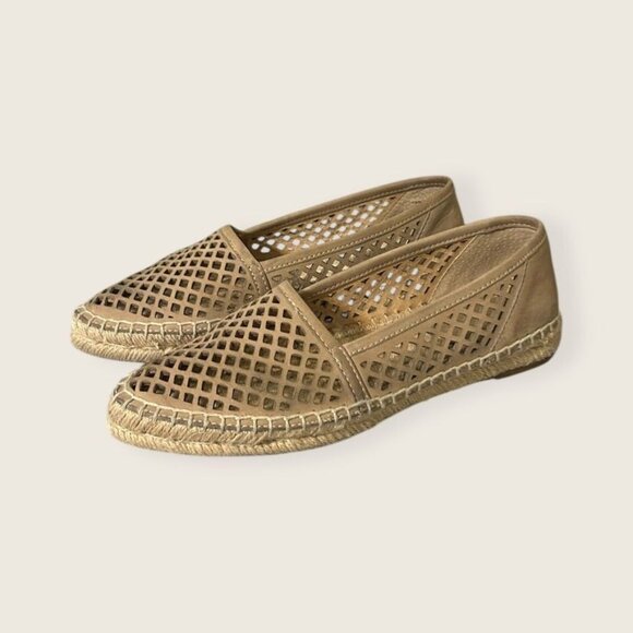 Frye Lee A Line Leather Nubuck Espadrille 6 Laser Cut Slip On EUC Tan Suede - Picture 1 of 9